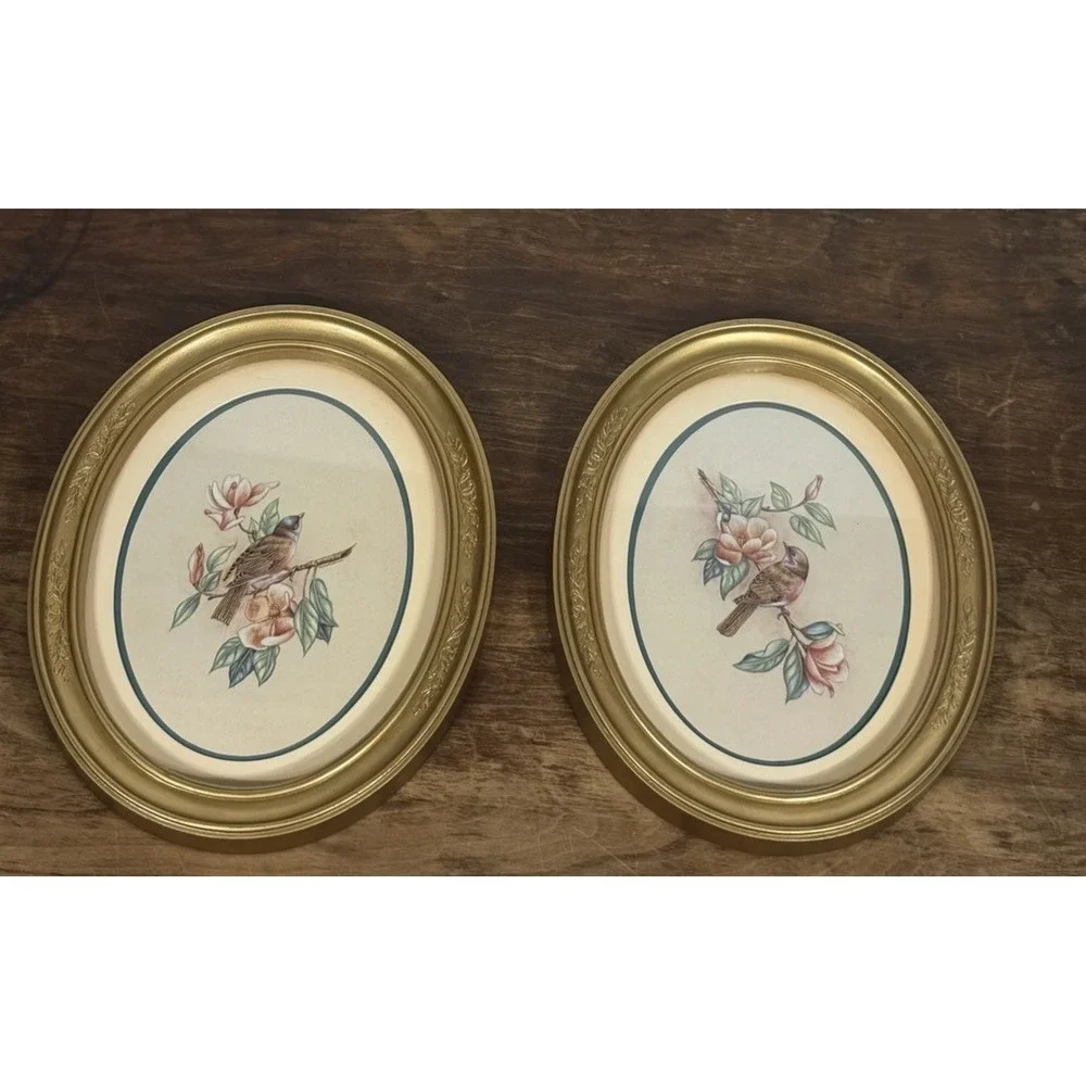 Vtg MCM 1983 Homco Home Interior Birds Grannycore Gold Oval Frame Pictures Set 2